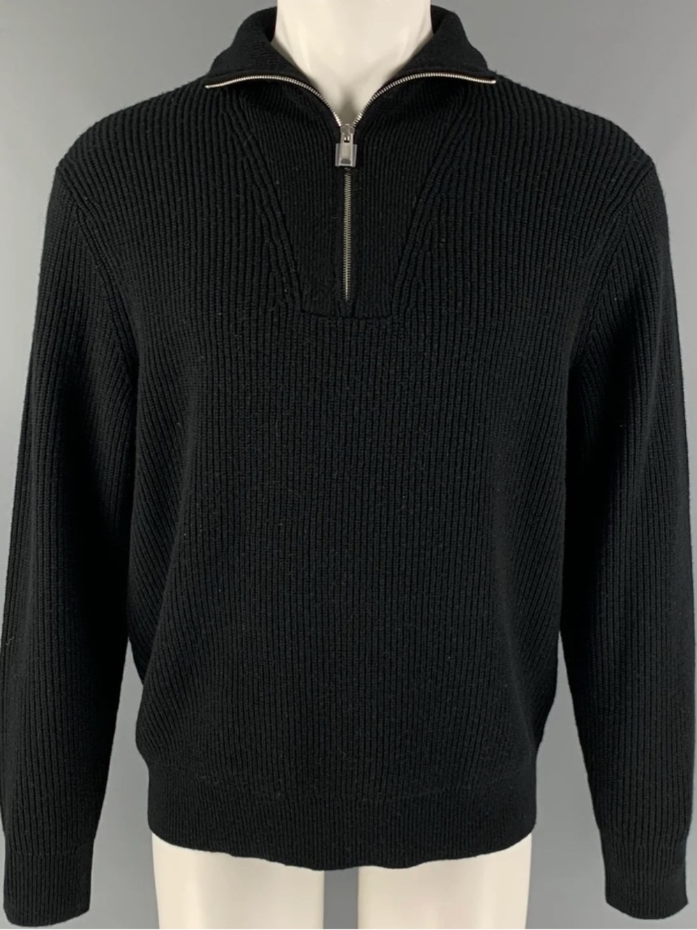 Theory Cashmere Ribbed Quarter Zip Mock Neck Sweater, Sz L, Black